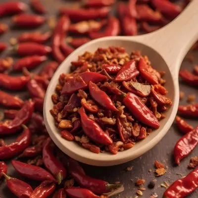 A Wooden Spoon Filled With Red Chili Peppers On A Bed Of Dried Chili Flakes 10 7723