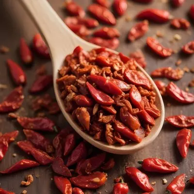 A Wooden Spoon Filled With Red Chili Peppers On A Bed Of Dried Chili Flakes 11 D61b