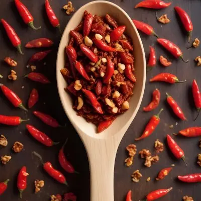 A Wooden Spoon Filled With Red Chili Peppers On A Bed Of Dried Chili Flakes 13 B6a5