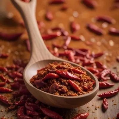 A Wooden Spoon Filled With Red Chili Peppers On A Bed Of Dried Chili Flakes 15 F4eb