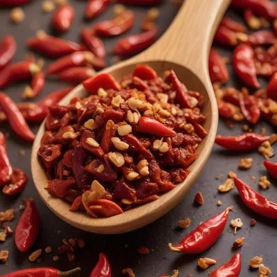 A Wooden Spoon Filled With Red Chili Peppers On A Bed Of Dried Chili Flakes 2 6784