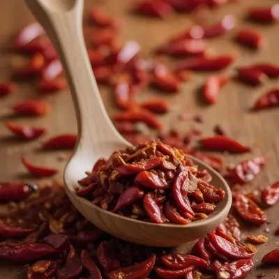 A Wooden Spoon Filled With Red Chili Peppers On A Bed Of Dried Chili Flakes 3 Db2c