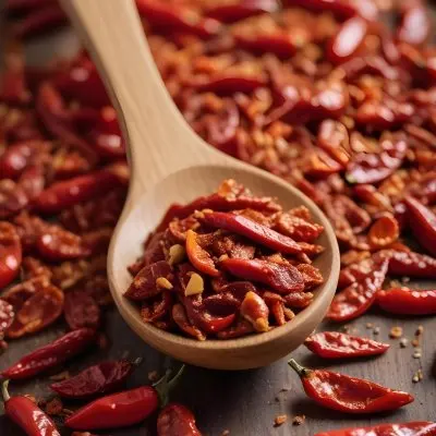 A Wooden Spoon Filled With Red Chili Peppers On A Bed Of Dried Chili Flakes 4 B76b