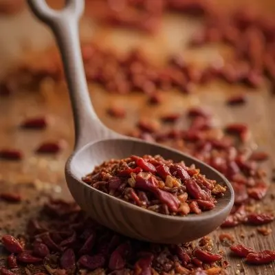 A Wooden Spoon Filled With Red Chili Peppers On A Bed Of Dried Chili Flakes 5 20ac