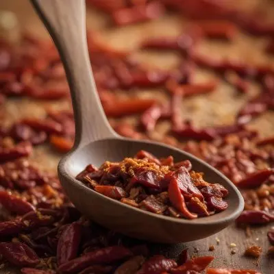 A Wooden Spoon Filled With Red Chili Peppers On A Bed Of Dried Chili Flakes 6 C8cc