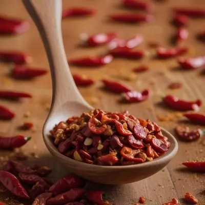 A Wooden Spoon Filled With Red Chili Peppers On A Bed Of Dried Chili Flakes 7 82fc