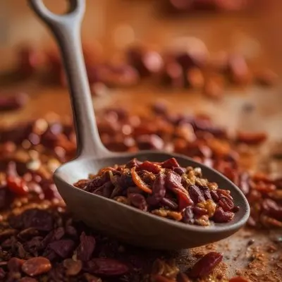 A Wooden Spoon Filled With Red Chili Peppers On A Bed Of Dried Chili Flakes 8 D2cb