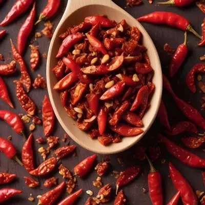 A Wooden Spoon Filled With Red Chili Peppers On A Bed Of Dried Chili Flakes 9 2640