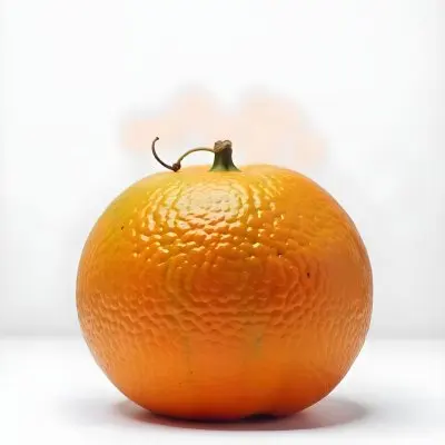 An Orange With A Small Stem On Top The Skin Is Textured And Bright Orange The Background Is White With Some Bokeh 12 9976