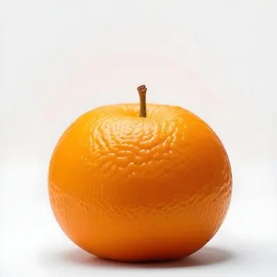 An Orange With A Small Stem On Top The Skin Is Textured And Bright Orange The Background Is White With Some Bokeh 14 F714