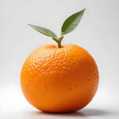 An Orange With A Small Stem On Top The Skin Is Textured And Bright Orange The Background Is White With Some Bokeh 19 9691