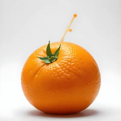 An Orange With A Small Stem On Top The Skin Is Textured And Bright Orange The Background Is White With Some Bokeh 24 48ae
