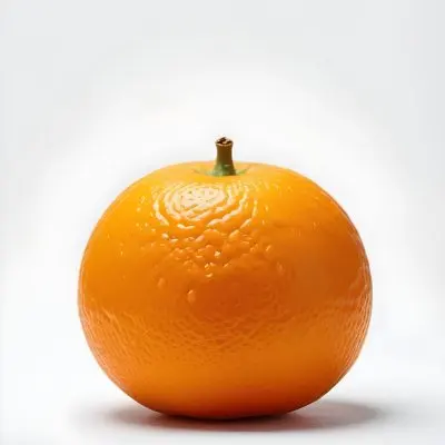 An Orange With A Small Stem On Top The Skin Is Textured And Bright Orange The Background Is White With Some Bokeh 29 26e1