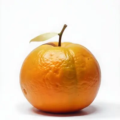 An Orange With A Small Stem On Top The Skin Is Textured And Bright Orange The Background Is White With Some Bokeh 36 663e