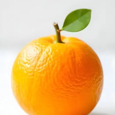 An Orange With A Small Stem On Top The Skin Is Textured And Bright Orange The Background Is White With Some Bokeh 37 4d2c