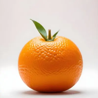 An Orange With A Small Stem On Top The Skin Is Textured And Bright Orange The Background Is White With Some Bokeh 8 94ef