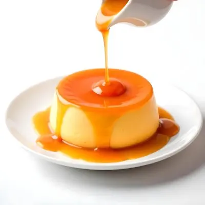 Caramel Flan With Caramel Syrup Being Poured On Top On A White Background 17 Bdba