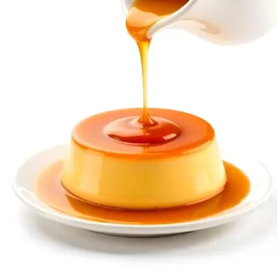 Caramel Flan With Caramel Syrup Being Poured On Top On A White Background 27 A6d2