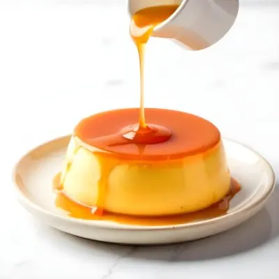 Caramel Flan With Caramel Syrup Being Poured On Top On A White Background 28 8194