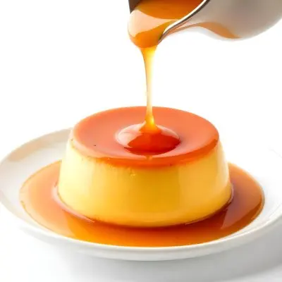 Caramel Flan With Caramel Syrup Being Poured On Top On A White Background 9 E6ff