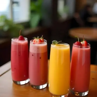 Four Glasses Of Smoothies With Different Colors And Fruits On Top On A Wooden Table In A Restaurant 13 73af