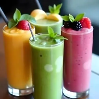 Four Glasses Of Smoothies With Different Colors And Fruits On Top On A Wooden Table In A Restaurant 16 1a28