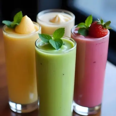 Four Glasses Of Smoothies With Different Colors And Fruits On Top On A Wooden Table In A Restaurant 17 0d9e