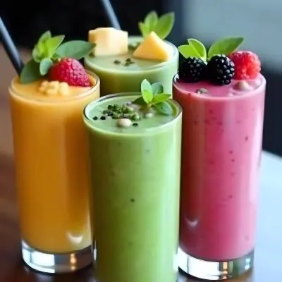 Four Glasses Of Smoothies With Different Colors And Fruits On Top On A Wooden Table In A Restaurant 21 Cf68