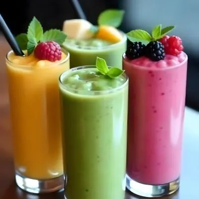 Four Glasses Of Smoothies With Different Colors And Fruits On Top On A Wooden Table In A Restaurant 22 F083