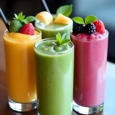 Four Glasses Of Smoothies With Different Colors And Fruits On Top On A Wooden Table In A Restaurant 23 25ed