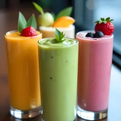 Four Glasses Of Smoothies With Different Colors And Fruits On Top On A Wooden Table In A Restaurant 4 F882