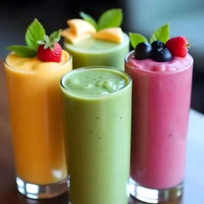 Four Glasses Of Smoothies With Different Colors And Fruits On Top On A Wooden Table In A Restaurant 5 E99b
