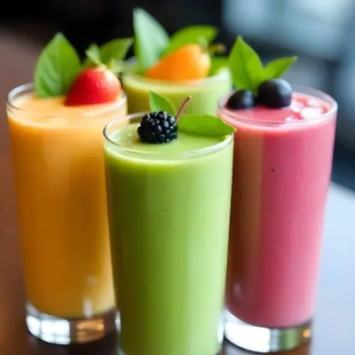 Four Glasses Of Smoothies With Different Colors And Fruits On Top On A Wooden Table In A Restaurant 6 9b03