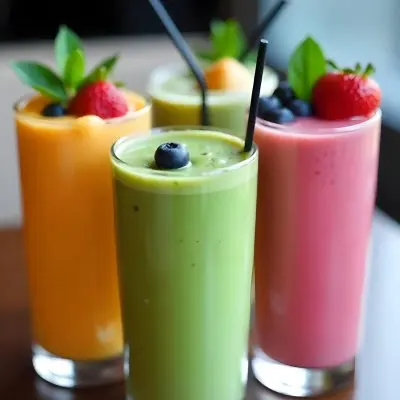Four Glasses Of Smoothies With Different Colors And Fruits On Top On A Wooden Table In A Restaurant 9 D118
