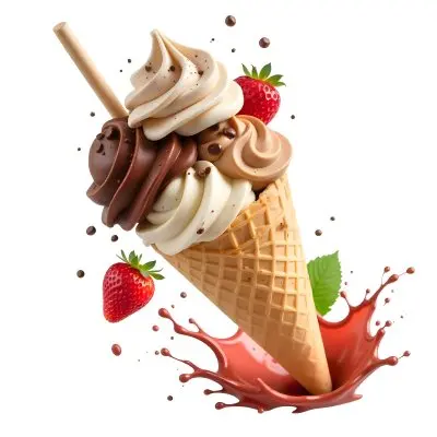 Ice Cream Cone With Chocolate Vanilla And Vanilla Flavors Waffle Stick Strawberry Syrup Splash White Background 16 E466