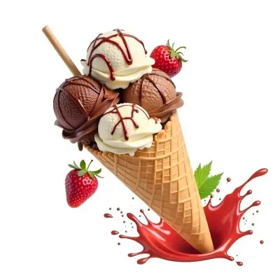 Ice Cream Cone With Chocolate Vanilla And Vanilla Flavors Waffle Stick Strawberry Syrup Splash White Background 19 E8d3