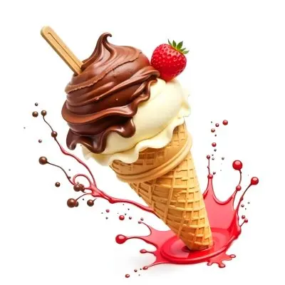 Ice Cream Cone With Chocolate Vanilla And Vanilla Flavors Waffle Stick Strawberry Syrup Splash White Background 21 7a6f