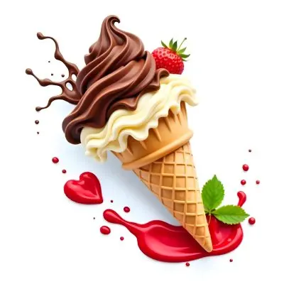 Ice Cream Cone With Chocolate Vanilla And Vanilla Flavors Waffle Stick Strawberry Syrup Splash White Background 30 5390