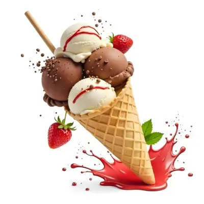 Ice Cream Cone With Chocolate Vanilla And Vanilla Flavors Waffle Stick Strawberry Syrup Splash White Background 35 Faee