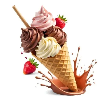 Ice Cream Cone With Chocolate Vanilla And Vanilla Flavors Waffle Stick Strawberry Syrup Splash White Background 38 7d73