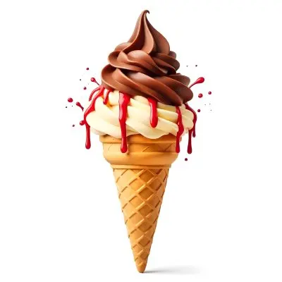 Ice Cream Cone With Chocolate Vanilla And Vanilla Flavors Waffle Stick Strawberry Syrup Splash White Background 5 151d