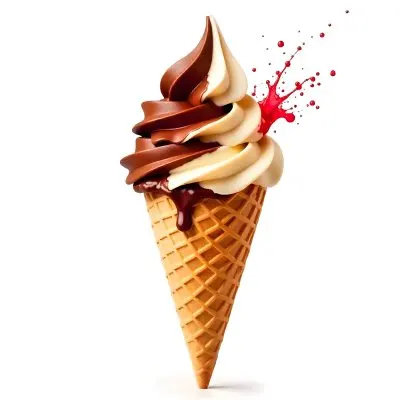 Ice Cream Cone With Chocolate Vanilla And Vanilla Flavors Waffle Stick Strawberry Syrup Splash White Background 50 9f58
