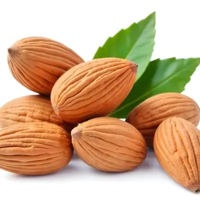 Pile Of Almonds With Green Leaves Close Up 16 0dd7