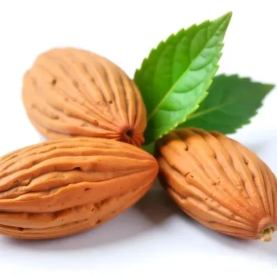 Pile Of Almonds With Green Leaves Close Up 20 Bbb6