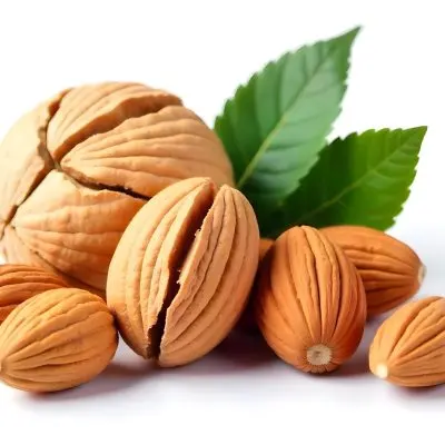 Pile Of Almonds With Green Leaves Close Up 21 0b69
