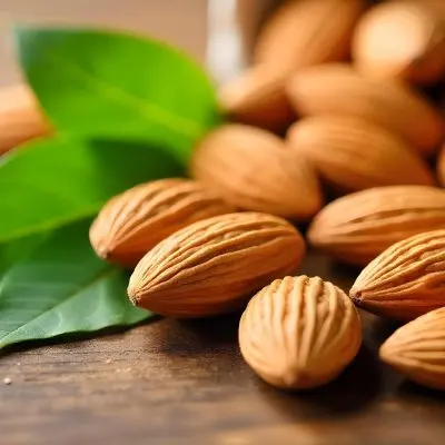 Pile Of Almonds With Green Leaves Close Up 7 64bf