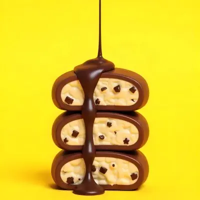Stack Of Three Chocolate Covered Cookies With Chocolate Syrup Being Poured On Top Bright Yellow Background 10 E4b9