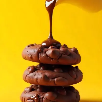Stack Of Three Chocolate Covered Cookies With Chocolate Syrup Being Poured On Top Bright Yellow Background 17 Dd5d
