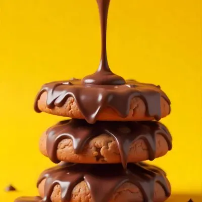 Stack Of Three Chocolate Covered Cookies With Chocolate Syrup Being Poured On Top Bright Yellow Background 21 Ffb3