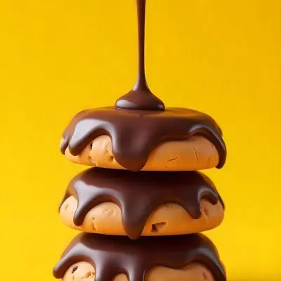 Stack Of Three Chocolate Covered Cookies With Chocolate Syrup Being Poured On Top Bright Yellow Background 3 F6f8